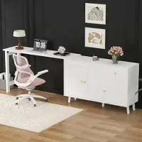 ALFORIGO Schreibtisch aus Spanplatte, 360° drehbar, mit 3 Türen und 1 Schublade, Computertisch als Schminktisch und Sideboard, Weiß mit goldenen Akzenten