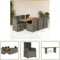 The Living Store 9-tlg. Garten-Essgruppe mit Kissen Grau Poly Rattan