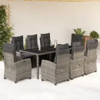 The Living Store 9-tlg. Garten-Essgruppe mit Kissen Grau Poly Rattan