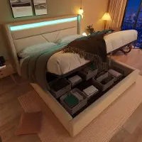 Youjia Hydraulisch Stauraumbett mit LED-Beleuchtungsleiste, Doppelbett Bettgestell Polsterbett 160x200cm, Funktionsbett, Weiß (Mit Fernbedienung)