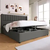 Youjia Stauraumbett Polsterbett Hydraulisch Doppelbett 140x200cm, Lattenrost aus Holz, Bett mit Lattenrost aus Metallrahmen, Leinen, Grau