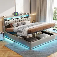ProximaX Das mit grauem Samt bezogene Bett (140 x 190 cm) verfügt über LED-Beleuchtung, USB-Ladefunktion sowie Stauraum unter dem Bett und im Kopfteil.