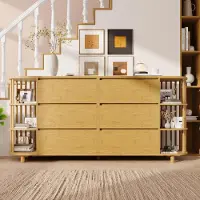 Flieks Kommode mit 6 Schubladen, Sideboard Wohnzimmerschrank mit 2 Bambus-Regalen, Aufbewahrungsschrank 160x40x75 cm, Oak