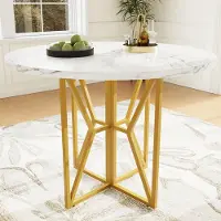 Sweiko Runder Esstisch (80 x 80 x 76 cm), leichter und r runder Tisch für 4-6 Personen, geeignet für Esszimmer und Wohnzimmer, goldene Beine, marmorierte Tischplatte aus MDF