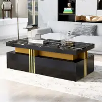 MODFU Couchtisch,Wohnzimmertisch mit 2 Holzschubladen, Beistelltisch mit goldener Umrandung, Hochglanz-Kaffeetisch mit Kunststofffüßen,schwarz