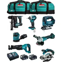 Makita Kit MK704 (DHR171 + DGA504 + DTD154 + DJR186 + DJV182 + DSS610 + DBO180 + 2 x 5,0 Ah + DC18RC + 2 x LXT600)