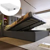 Youjia Doppelbett mit Kabellosem Laden USB C, Polsterbett Bettgestell 140x200cm,Bettgestell mit Stauraum Lattenrost aus Holz-Grau Baumwolle (Mit Matratze)