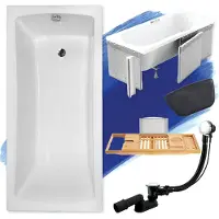 Besco Badewanne Rechteck Set 5in1 160x70 mit Ablaufgarnitur und Füßen GRATIS + Styropor + Bambus Holzablage + Kopfstütze in Schwarz | BADLAND OPTIMAZ