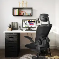 Bigzzia Bürostuhl, Bürostuhl mit Verstellbarer Lordosenstütze, Schreibtischstuhl mit hoher Rückenlehne, Ergonomischer Drehstuhl, Executive Chair mit Kopfstütze und Klappbarer Armlehne, Schwarz