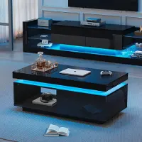 MODFU TV-Wandschrank 2 er Set(TV-Schrank+Couchtisch), Hochglanz-Wandschrank,Wohnzimmerset, Hochglanz-Set mit LED-Leuchten, Schwarz
