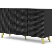 Homlando Kommode RAVENNA C 150 cm 3D SCHWARZ MATT / SCHWARZ GLANZ mit Goldene Füße US Diamantförmiger Fräser Sideboard MDF 3 Türen Highboard Schrank offene Regale Büfett mit gefräster fronten Diamant