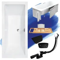 Besco Badewanne Rechteck Set 5in1 170x75 mit Ablaufgarnitur und Füßen GRATIS + Styropor + Bambus Holzablage + Kopfstütze in Schwarz | BADLAND QUADRO