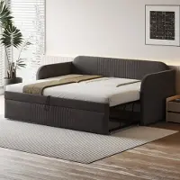 Merax Tagesbett 90x190cm/180x190cm Ausziehbett, Erweiterbares Schlafsofa mit Lattenrost und Armlehnen, Leinen Polsterbett Kinderbett Sofabett, Grau