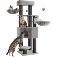 Feandrea Kratzbaum mit selbstheizenden Decken, für große Katzen, Kratzbaum, 2 Katzenbürsten, 9 dicke Stämme von 11,1 cm Durchmesser,