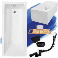 Besco Badewanne Rechteck 140x70 mit Ablaufgarnitur und Füßen GRATIS + Wannenträger + Bambus Holzablage + Kopfstütze in Schwarz | BADLAND MODERN