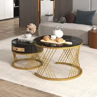 MODFU 2in1 Couchtische 2er set Beistelltisch Kaffeetischmit Tischplatte aus Marmor und Schubladen,goldene Eisenfüße,Schwarz+Gold,Integriertes Design