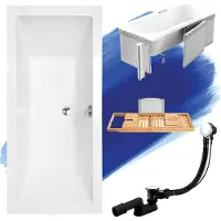 Besco Badewanne Rechteck Set 5in1 155x70 mit Premium Ablaufgarnitur und Füßen GRATIS + Verkleidung (Styropor) + Bambus Holzablage | BADLAND QUADRO