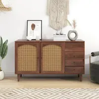 Flieks Kommode Sideboard mit 2 Schubladen und 3 Türen mit verstellbaren Ablagen, Rattan Wohnzimmerschränke Massivholz 130*75.5*40cm
