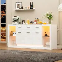 Merax Hochglanze Beistellschrank mit LED-Beleuchtung und Sicherheitsglas, Kommode mit 14 Fächer, Sideboard mit 3 Türen und 3 Schubladen, Weiß
