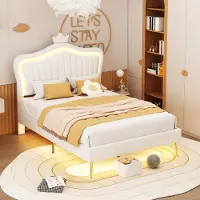 ALFORIGO Kinderbett 90x200 cm, Polsterbett mit Muschel-Kopfteil und Krone, LED-Beleuchtung, 12-Lattenrost, Kunstleder, verstellbare Rückenlehne, Weiß