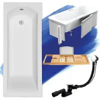 Besco Badewanne Rechteck Set 5in1 160x70 mit Premium Ablaufgarnitur und Füßen GRATIS + Verkleidung (Styropor) + Bambus Holzablage | BADLAND SHEA