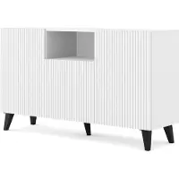 Homlando Kommode RAVENNA B 150 cm 2D1DM WEIß MATT / WEIß MATT mit Schwarz Füße US Sideboard MDF 3 Türen Highboard Schrank offene Regale Büfett mit gefräster fronten