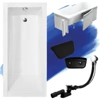 Besco Badewanne Rechteck Set 5in1 140x70 mit Premium Ablaufgarnitur und Füßen GRATIS + Verkleidung (Styropor) + Kopfstütze in Schwarz | BADLAND MODERN