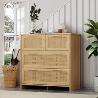 Merax Kommode mit 4 Schubladen, Sideboard mit Rattan, Massivholzgriffen, Kommode Schminktisch für Schlafzimmer, Wohnzimmer, 80x38x80cm, Natur