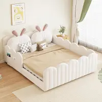 Flieks Kinderbett Polsterbett 140x200cm mit Kissen, Doppelbett Bodenbett mit Lattenrost und Rausfallschutz, Kinderbett mit Samtbezug, Beige