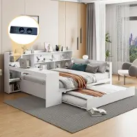 UnboxG Schlafsofa aus Massivholz 140×200cm (weiß): Schreibtisch, Bücherregal, Stauraum/Ablagen, Steckdosen, Ausziehbett. (Multifunktionales Doppelbett)