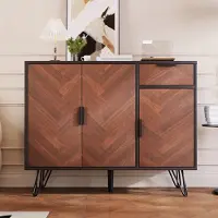 Merax Sideboard im Holzoptik mit Schubladen und 3 Türen, Highboard mit verstellbare Regale und Metallfüße, vielseitiger Stauraum Kommode, Schwarz