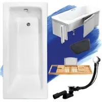 Besco Badewanne Rechteck Set 6in1 150x70 mit Premium Ablaufgarnitur und Füßen GRATIS + Styroporverkleidung + Bambus Holzablage + Kopfstütze in Schwarz | BADLAND TALIA