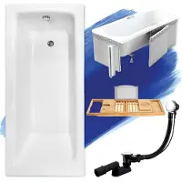 Besco Badewanne Rechteck Set 5in1 110x70 mit Premium Ablaufgarnitur und Füßen GRATIS + Styroporverkleidung + Bambus Holzablage | BADLAND TALIA