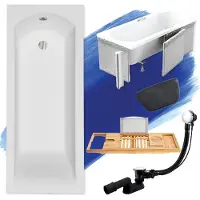 Besco Badewanne Rechteck Set 5in1 150x70 mit Ablaufgarnitur und Füßen GRATIS + Styropor + Bambus Holzablage + Kopfstütze in Schwarz | BADLAND SHEA
