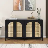 Flieks Kommode Wohnzimmerschrank mit Rattantür, Sideboard mit Verstellbaren Einlegeböden, Beistellschrank 145x40x80 cm, Schwarz