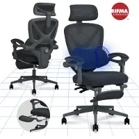 FlexiSpot Ergonomischer Bürostuhl mit 3D-Kopfstütze, verstellbarer Lendenstütze, Wippfunktion 90–135°, Verbindungsarmlehnen, Fußstütze, 136 kg Schwarz