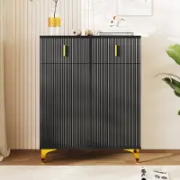 Flieks eleganter Kommode mit 2 Schubladen, Sideboard mit 2 Türen, Schuhschrank mit Strukturpaneelen, Schrank Schlafzimmerkommode, 83x35x101cm, Schwarz