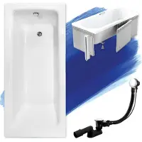 Besco Badewanne Rechteck Set 5in1 170x75 mit Premium Ablaufgarnitur und Füßen GRATIS + Styroporverkleidung + Bambus Holzablage | BADLAND TALIA