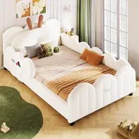 Flieks Kinderbett Polsterbett 90x200cm mit Kissen, Einzelbett Bodenbett mit Lattenrost und Rausfallschutz, Kinderbett mit Samtbezug, Beige