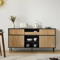 MODFU Kommode Sideboard mit 4 Schiebetüren und 1 Schublade, SchranK Buffet Flurschrank für Wohnzimmer, Schlafzimmer, Eiche kombiniert mit Schwarz