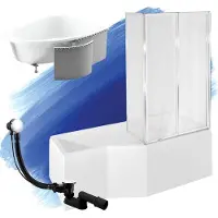 Besco Eckbadewanne Badewanne Integra RECHTS 170x75 mit Glasabtrennung, Ablaufgarnitur, Füßen und Styroporverkleidung GRATIS