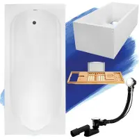 Besco Badewanne Rechteck Set 5in1 140x70 mit Premium Ablaufgarnitur und Füßen GRATIS + Wannenträger + Bambus Holzablage | BADLAND BONA