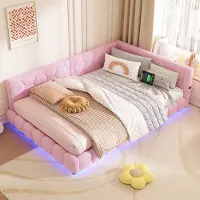 STILVORA Polsterbett Daybett 140x200cm Schlafsofa mit LED und USB&Typ-C Anschluss，weicher Stoff-Plüsch，Rosa(Ohne Matrtze)