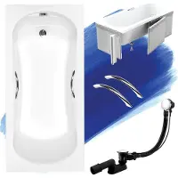 Besco Badewanne Rechteck 140x70 mit Styroporverkleidung, Handgriffen, Ablaufgarnitur & Füßen GRATIS | Komplettset 5in1 Acryl Wanne | BADLAND ARIA PLUS
