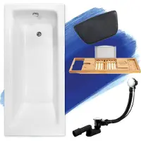 Besco BADLAND Eckbadewanne Rechteck Badewanne TALIA 140x70 mit Ablaufgarnitur und Füßen + Kopfstütze KODI + Bambus Ablage | BADLAND TALIA