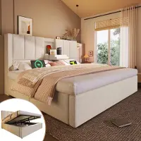 Youjia Polsterbett 160x200 cm Doppelbett mit verstecktem Becherhalter & Ladestation, Hydraulisches Bett mit Stauraum unter dem Bett, Inkl. Lattenrost