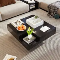 MODFU Couchtisch Wohnzimmertisch mit mit herausnehmbarer Aufbewahrungsbox für Wohnzimmer, Schlafzimmer, Beistelltisch Rechteckiger mit LED-Lichteffekt, Schwarz