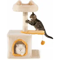Costway Kratzbaum Klein, Katzenbaum mit Plüschsitz, fischförmigem Plattform, Höhle, Ball & Sisal-Kratzsäulen, Katzenkratzbaum Holz, Katzenmöbel Beige
