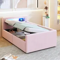 ALFORIGO Polsterbett Kinderbett 90x200 cm mit LED, Nachtlicht, USB, hydraulischem Stauraum, Regal, umkehrbarer Rückenlehne, Samt, Rosa