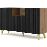 Homlando Kommode RAVENNA B 150 cm 2D1DM ARTISAN EICHE / SCHWARZ MATT mit Goldene Füße US Sideboard MDF 3 Türen Highboard Schrank offene Regale Büfett mit gefräster fronten